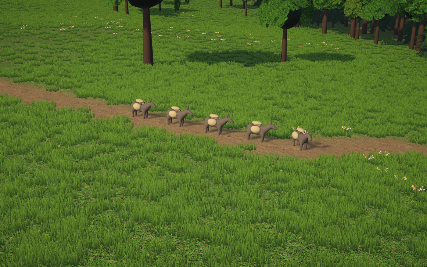 A donkey string on a trail the game built